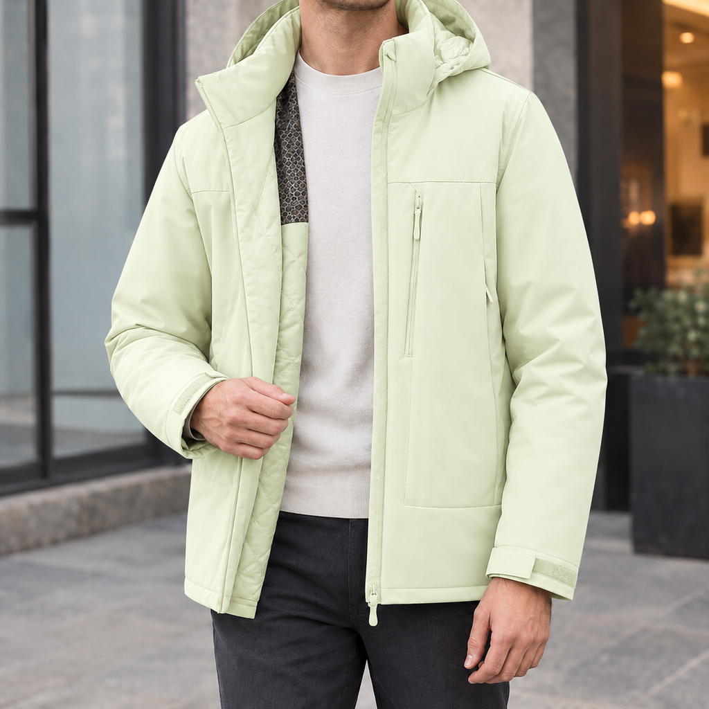 Hooded Jacket in Sunlight Yellow showing the quilted lining and adjustable cuff tabs.