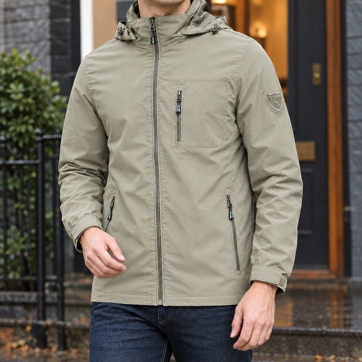 Hooded Utility Jacket in Khaki showing the adjustable hood and three zipped pockets.