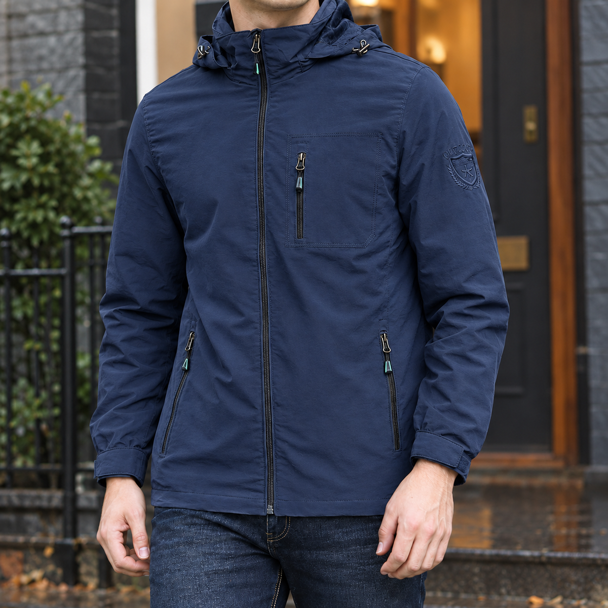 Hooded Utility Jacket in Sapphire Blue showing the adjustable hood and three zipped pockets.