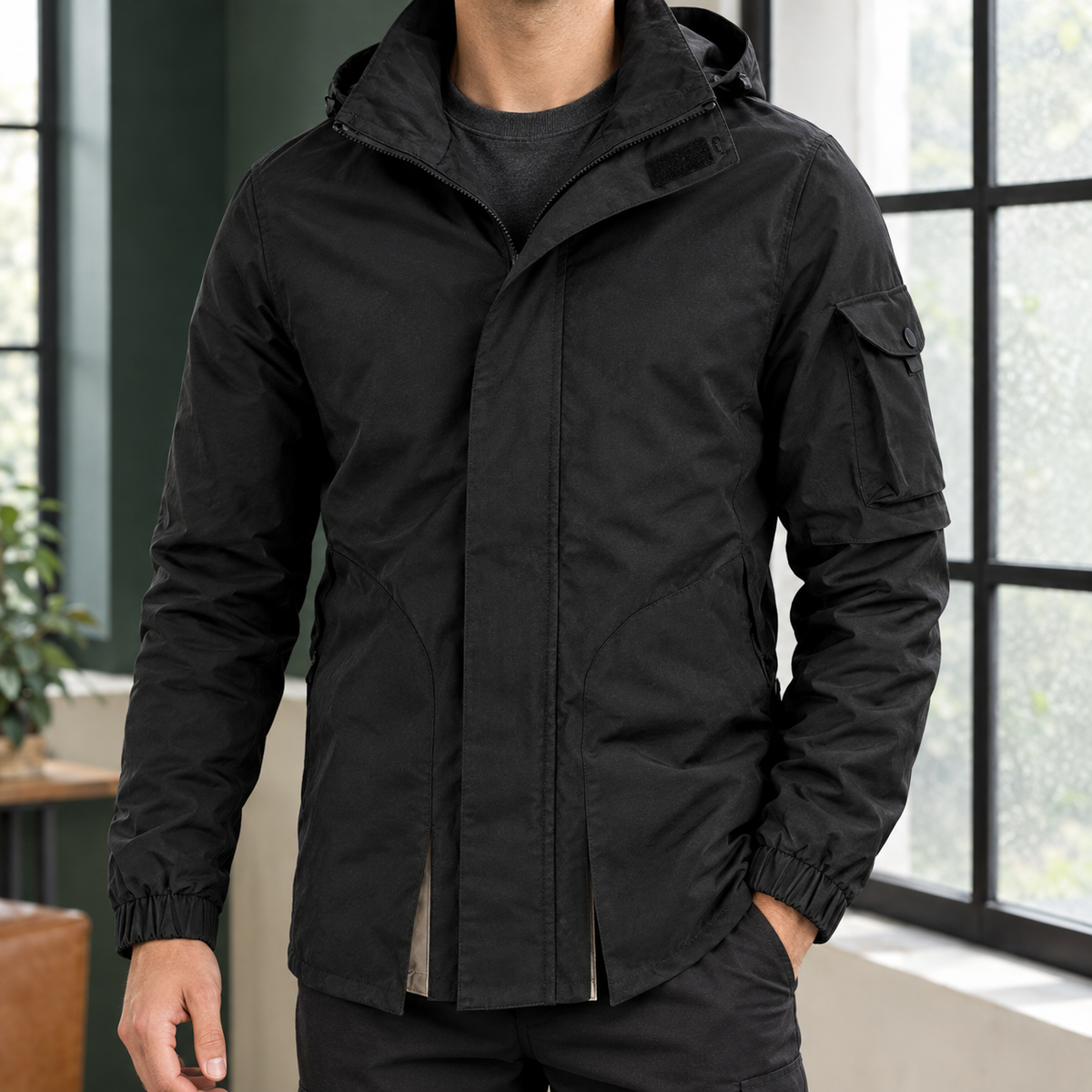 Hooded Utility Jacket in Black showing the hooded stand collar, covered zip, and utility pockets.