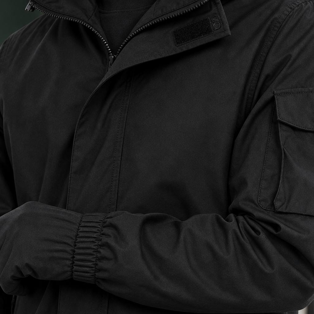 Hooded Utility Jacket detail view 2 showing the hooded stand collar, covered zip, and utility pockets.