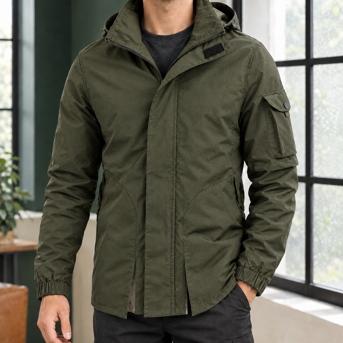 Hooded Utility Jacket in Green showing the hooded stand collar, covered zip, and utility pockets.