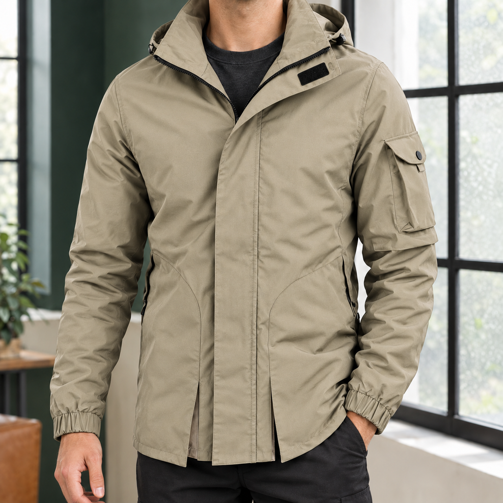 Hooded Utility Jacket in Khaki showing the hooded stand collar, covered zip, and utility pockets.