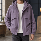 Hooded Utility Jacket in Light Purple showing the drawcord hood and four front pockets.