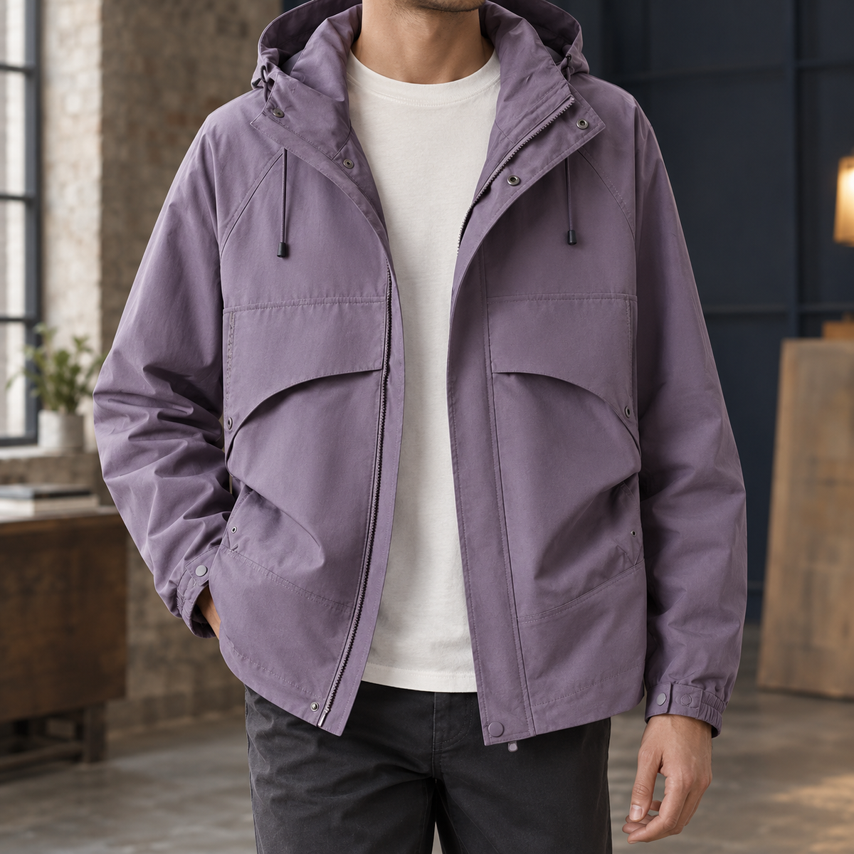 Hooded Utility Jacket in Light Purple showing the drawcord hood and four front pockets.