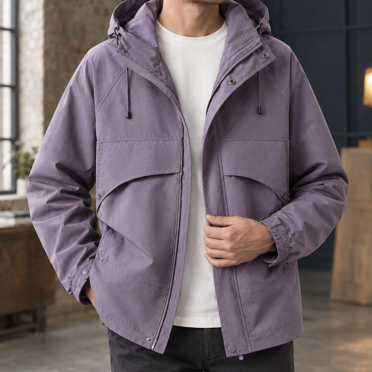 Hooded Utility Jacket detail view 2 showing the drawcord hood and four front pockets.