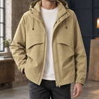 Hooded Utility Jacket in Khaki showing the drawcord hood and four front pockets.