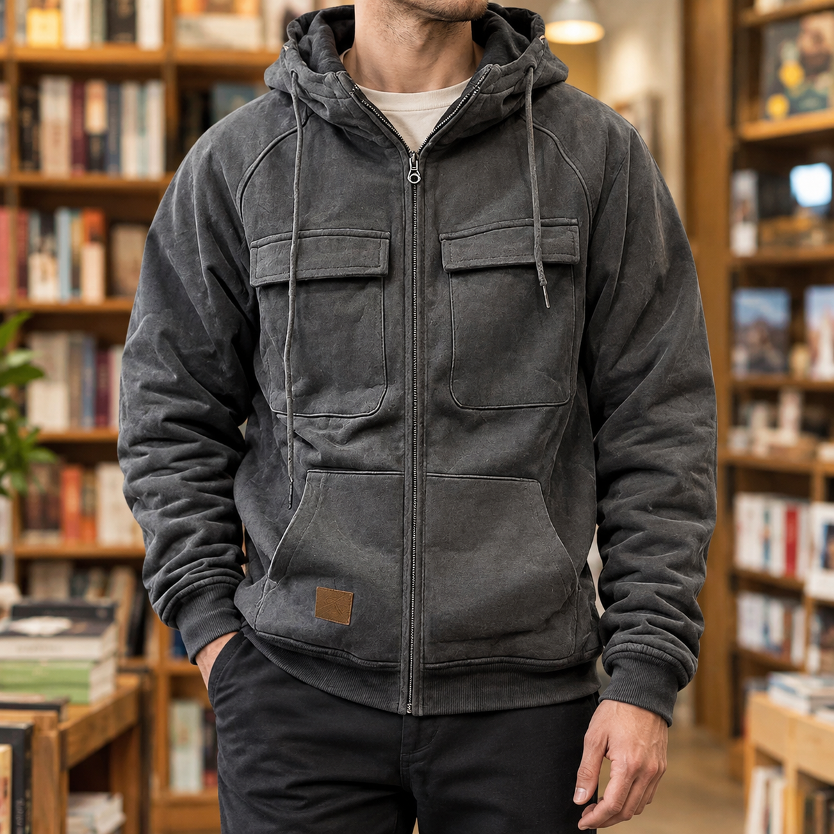 Hooded Utility Jacket in Dark Gray showing the drawcord hood, four front pockets, and ribbed trims.