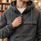 Hooded Utility Jacket detail view 2 showing the drawcord hood, four front pockets, and ribbed trims.