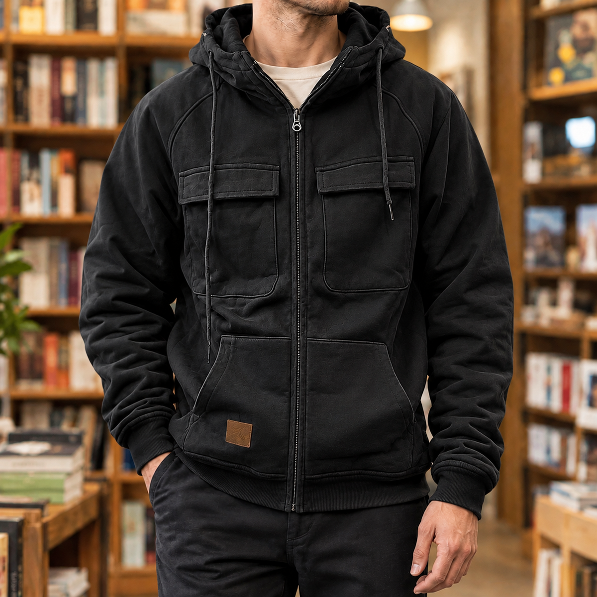 Hooded Utility Jacket in Black showing the drawcord hood, four front pockets, and ribbed trims.