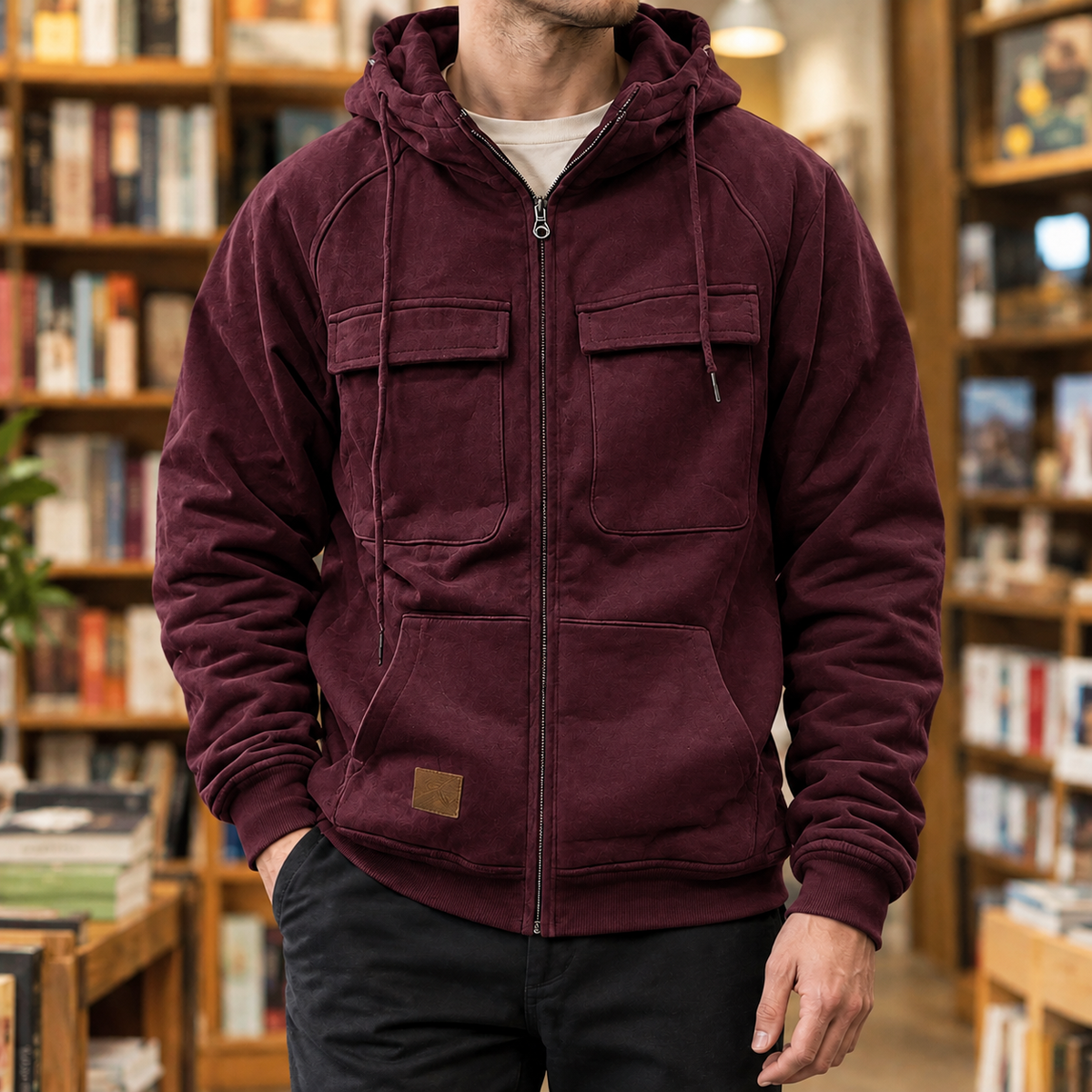 Hooded Utility Jacket in Wine Red showing the drawcord hood, four front pockets, and ribbed trims.
