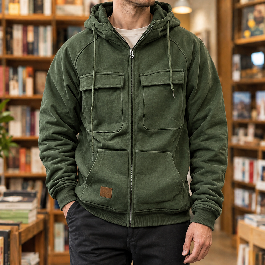 Hooded Utility Jacket in Army Green showing the drawcord hood, four front pockets, and ribbed trims.
