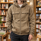 Hooded Utility Jacket in Khaki showing the drawcord hood, four front pockets, and ribbed trims.