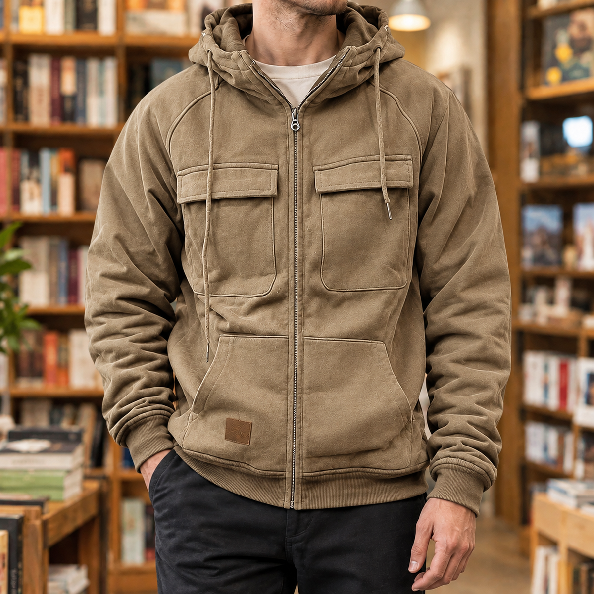 Hooded Utility Jacket in Khaki showing the drawcord hood, four front pockets, and ribbed trims.