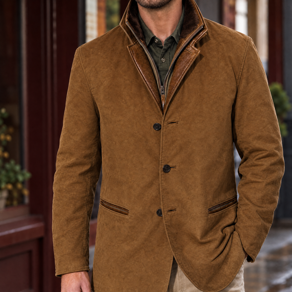 Layered Jacket in Brown showing the layered zip placket and contrast-trimmed collar