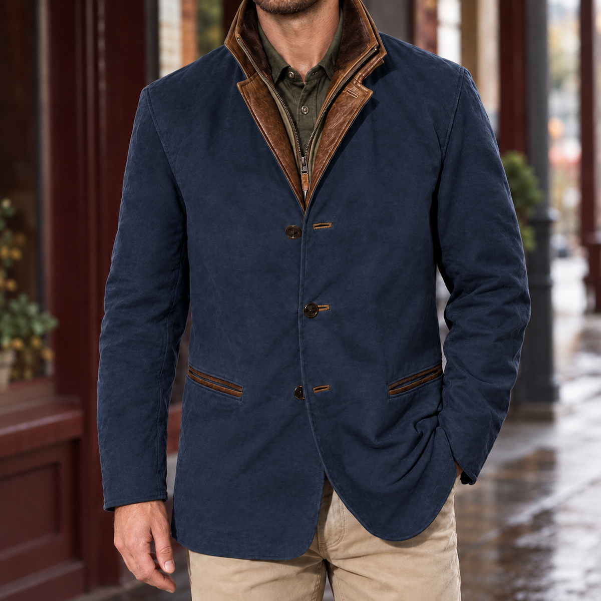 Layered Jacket in Blue showing the layered zip placket and contrast-trimmed collar