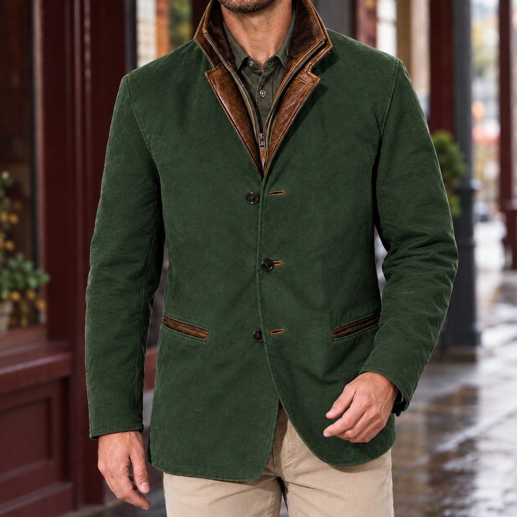 Layered Jacket in Green showing the layered zip placket and contrast-trimmed collar