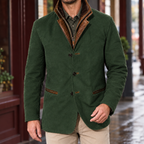 Layered Jacket in Green showing the layered zip placket and contrast-trimmed collar