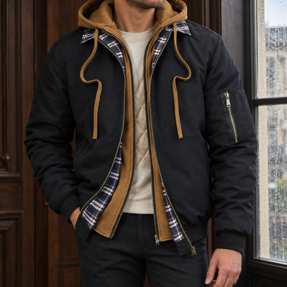 Layered Jacket in Black showing the layered hood panel, plaid collar trim, and quilted lining.