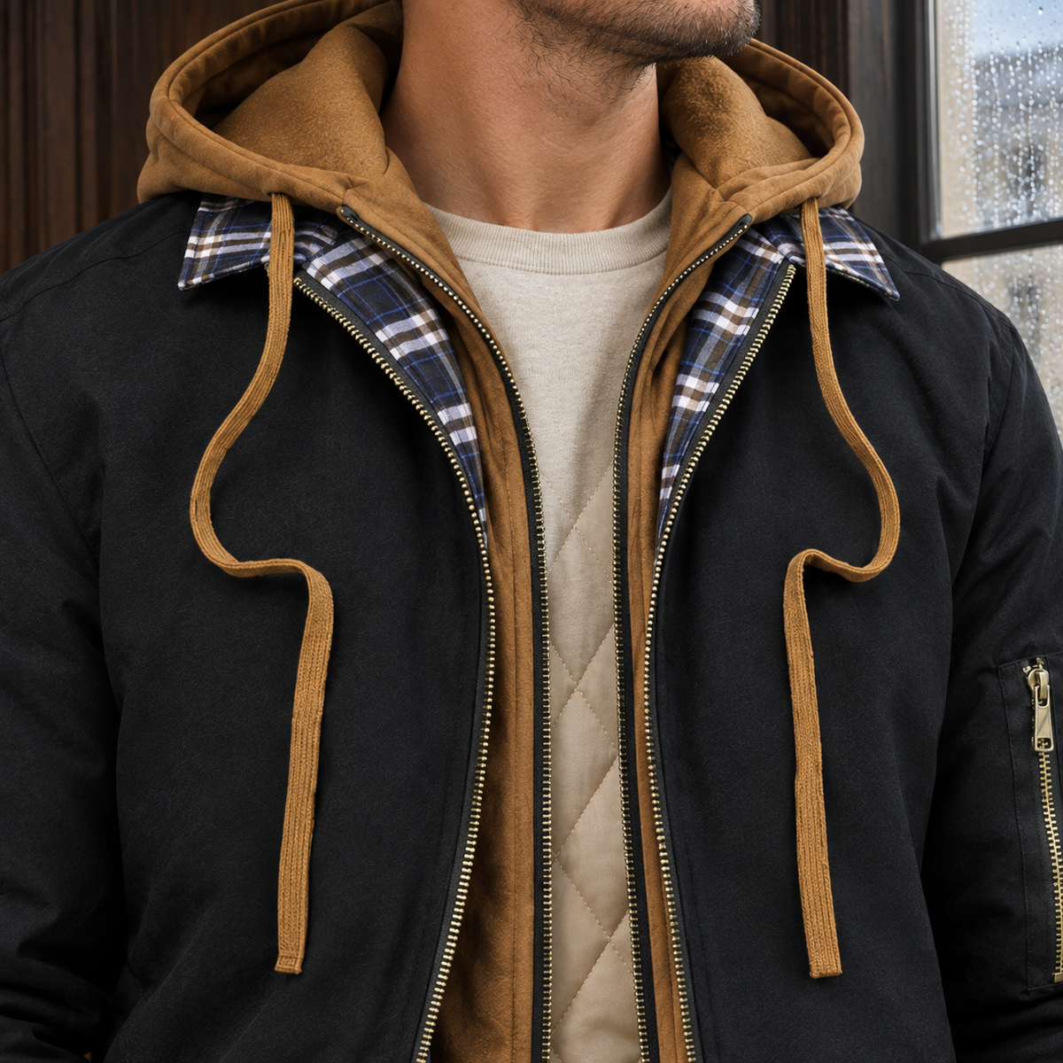 Layered Jacket detail view 2 showing the layered hood panel, plaid collar trim, and quilted lining.