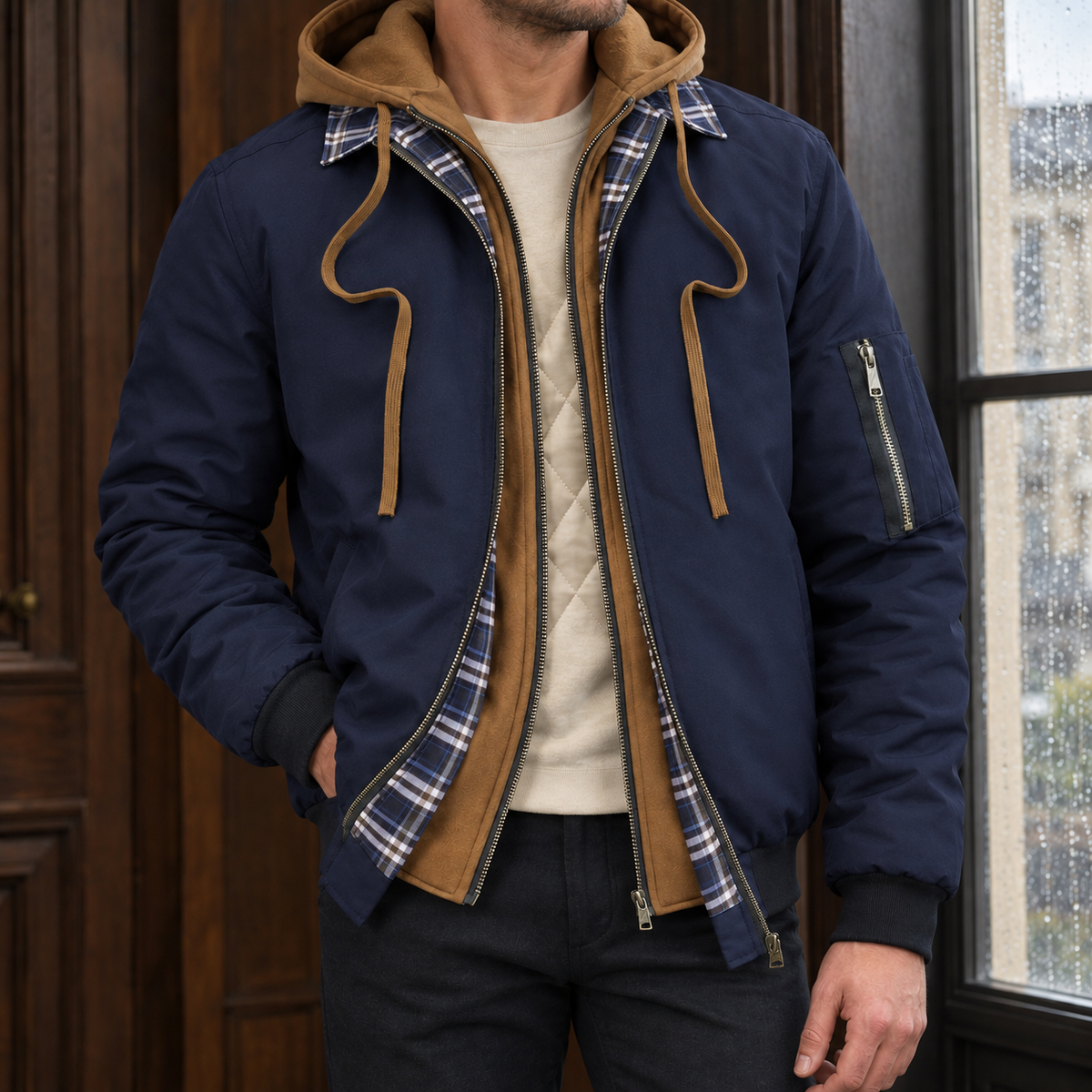 Layered Jacket in Navy Blue showing the layered hood panel, plaid collar trim, and quilted lining.