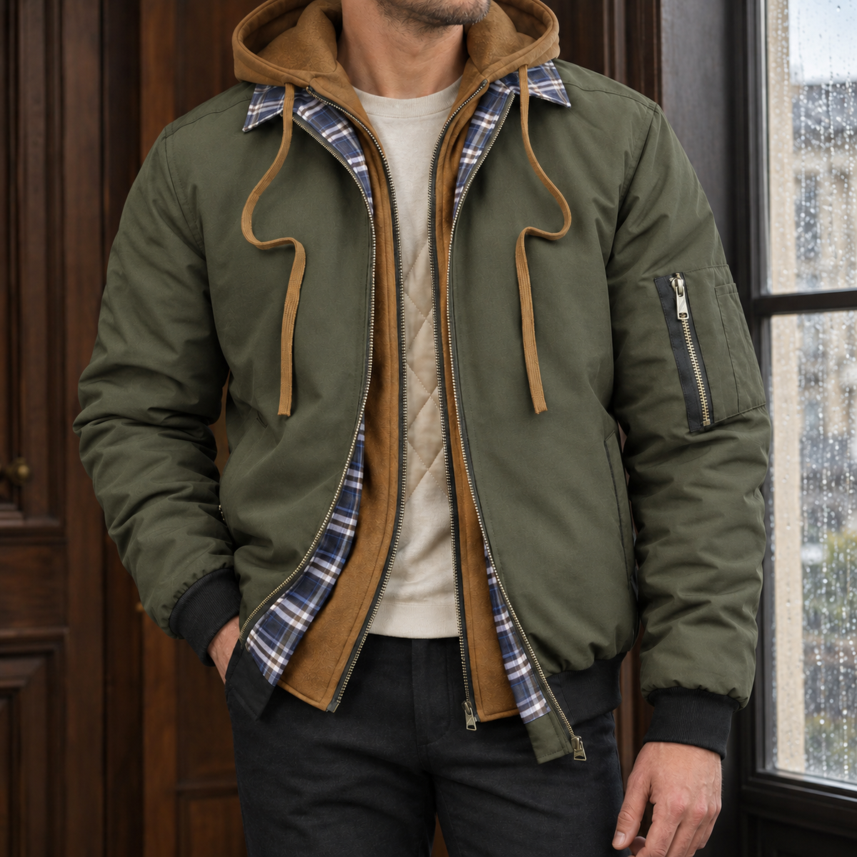 Layered Jacket in Army Green showing the layered hood panel, plaid collar trim, and quilted lining.