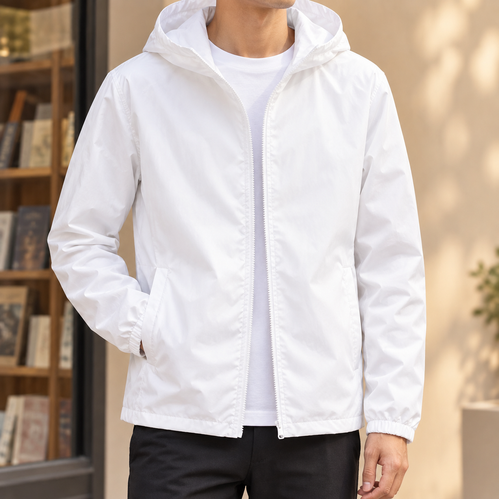 Hooded Jacket in White showing the fixed hood and streamlined zip front