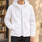 Hooded Jacket in White showing the fixed hood and streamlined zip front