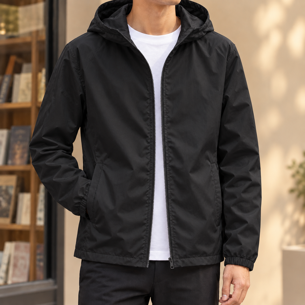Hooded Jacket in Black showing the fixed hood and streamlined zip front