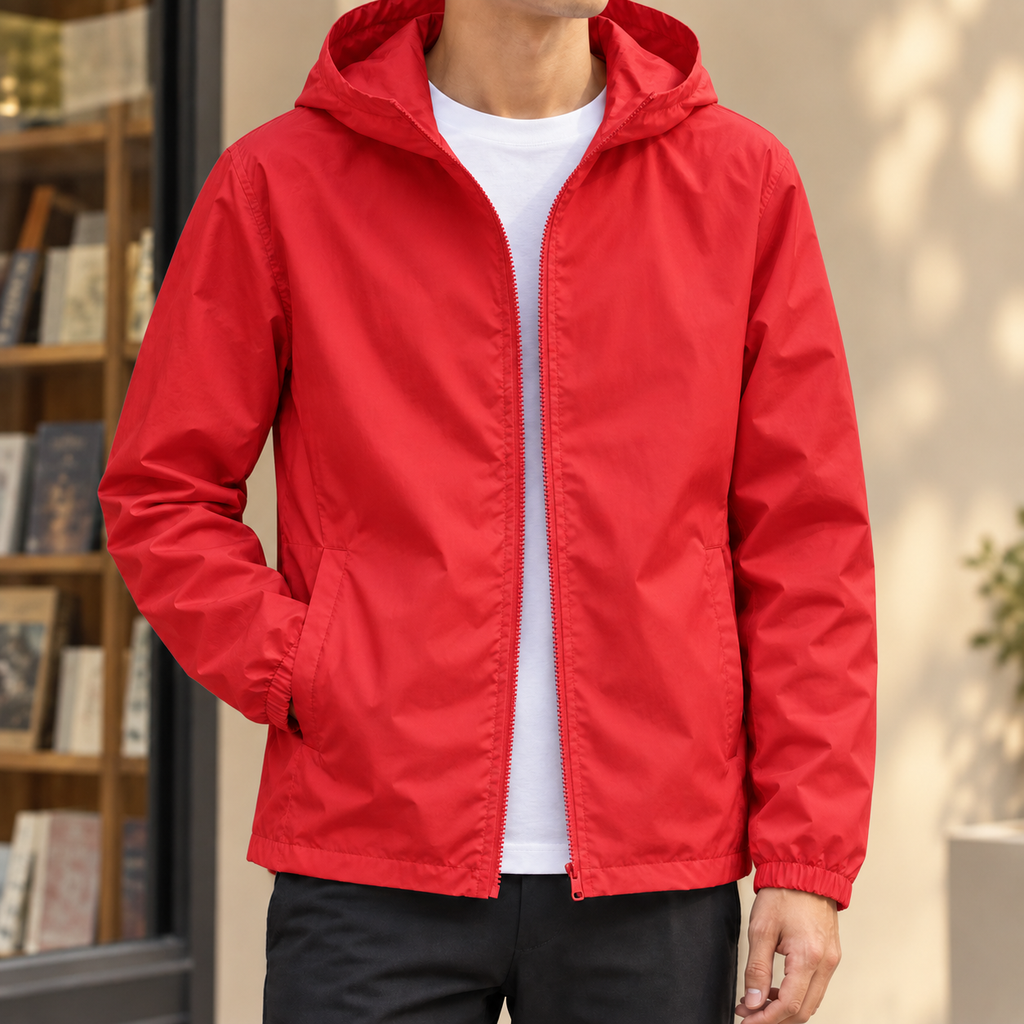 Hooded Jacket in Red showing the fixed hood and streamlined zip front