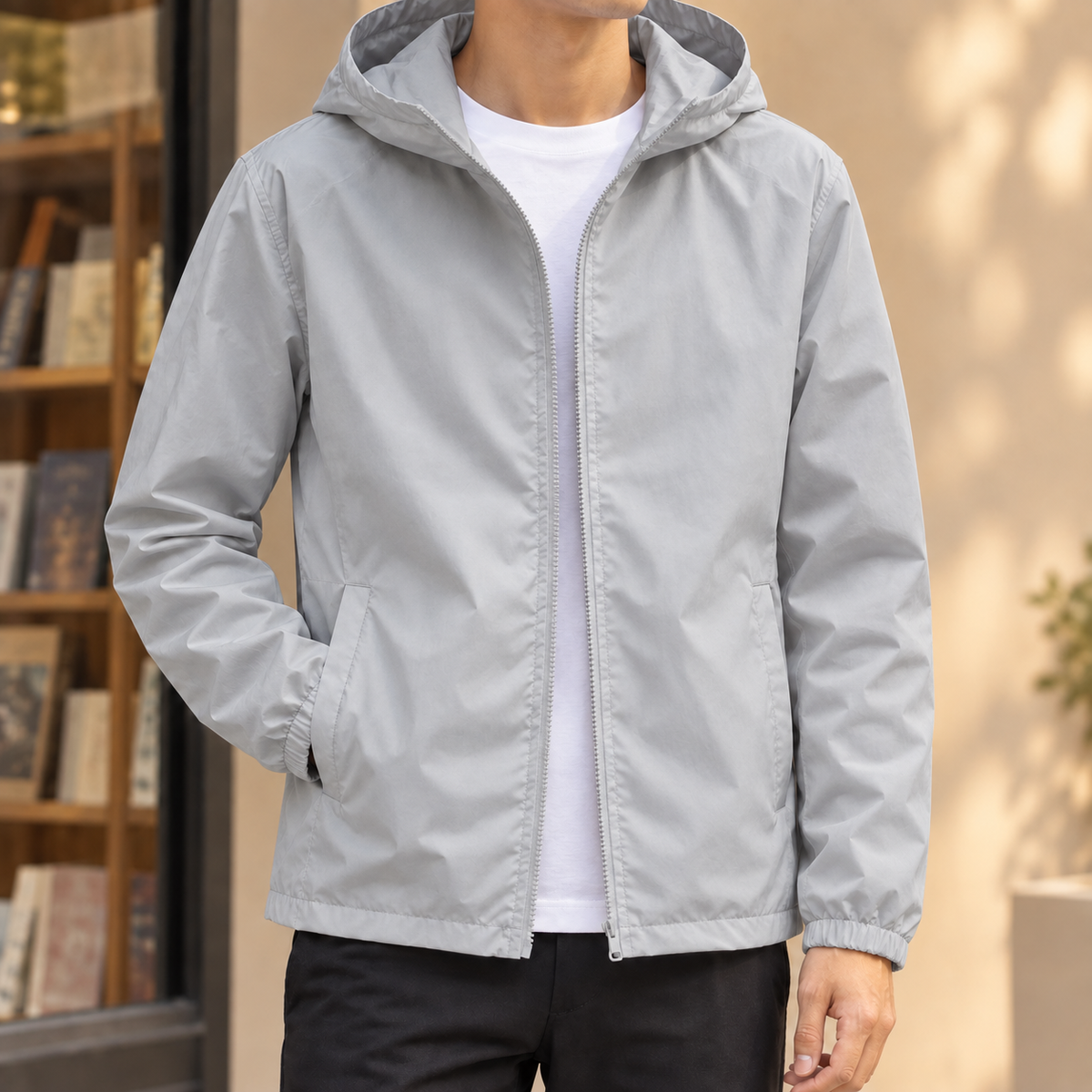 Hooded Jacket in Gray showing the fixed hood and streamlined zip front