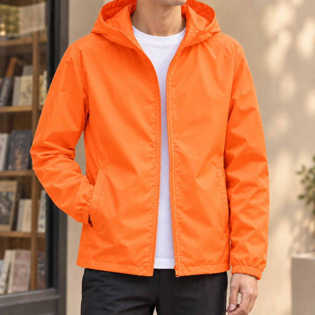 Hooded Jacket in Orange showing the fixed hood and streamlined zip front