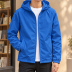 Hooded Jacket in Royal Blue showing the fixed hood and streamlined zip front