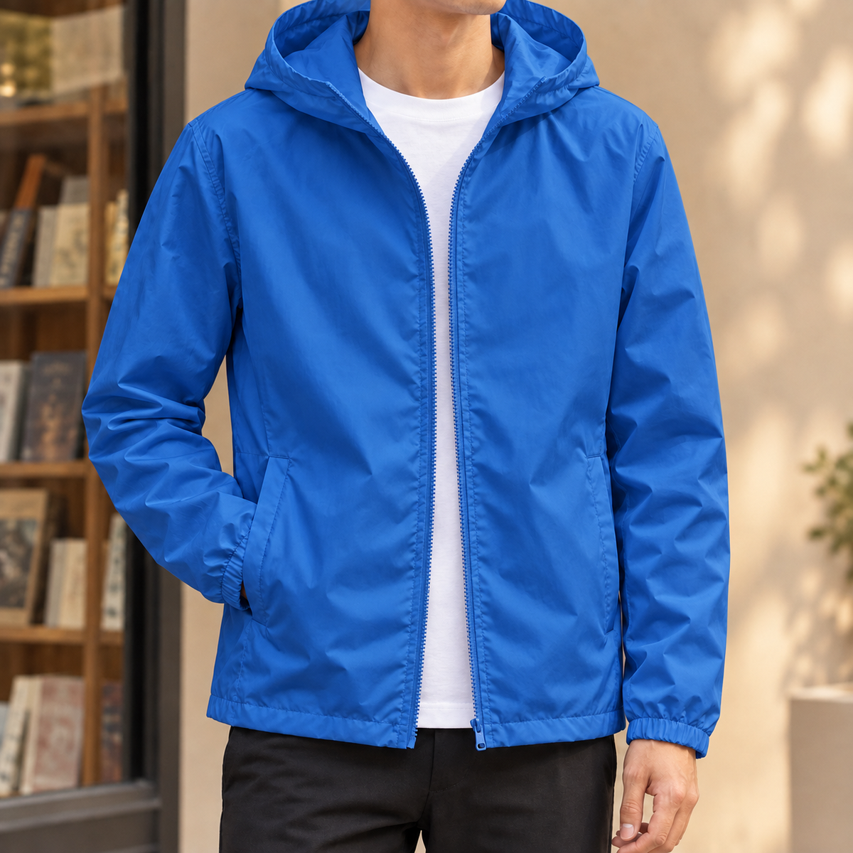 Hooded Jacket in Royal Blue showing the fixed hood and streamlined zip front