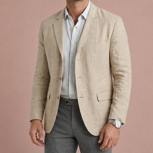 Cream mens linen blend blazer with notch lapels and flap pockets, worn over a pale shirt.