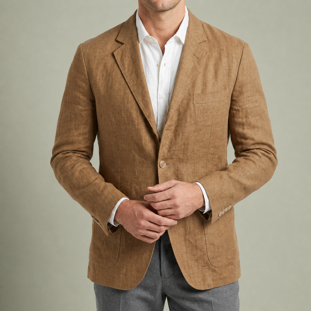 Brown linen blend blazer worn with hands near front fastening, white shirt
