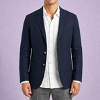 Navy two-button blazer, front view