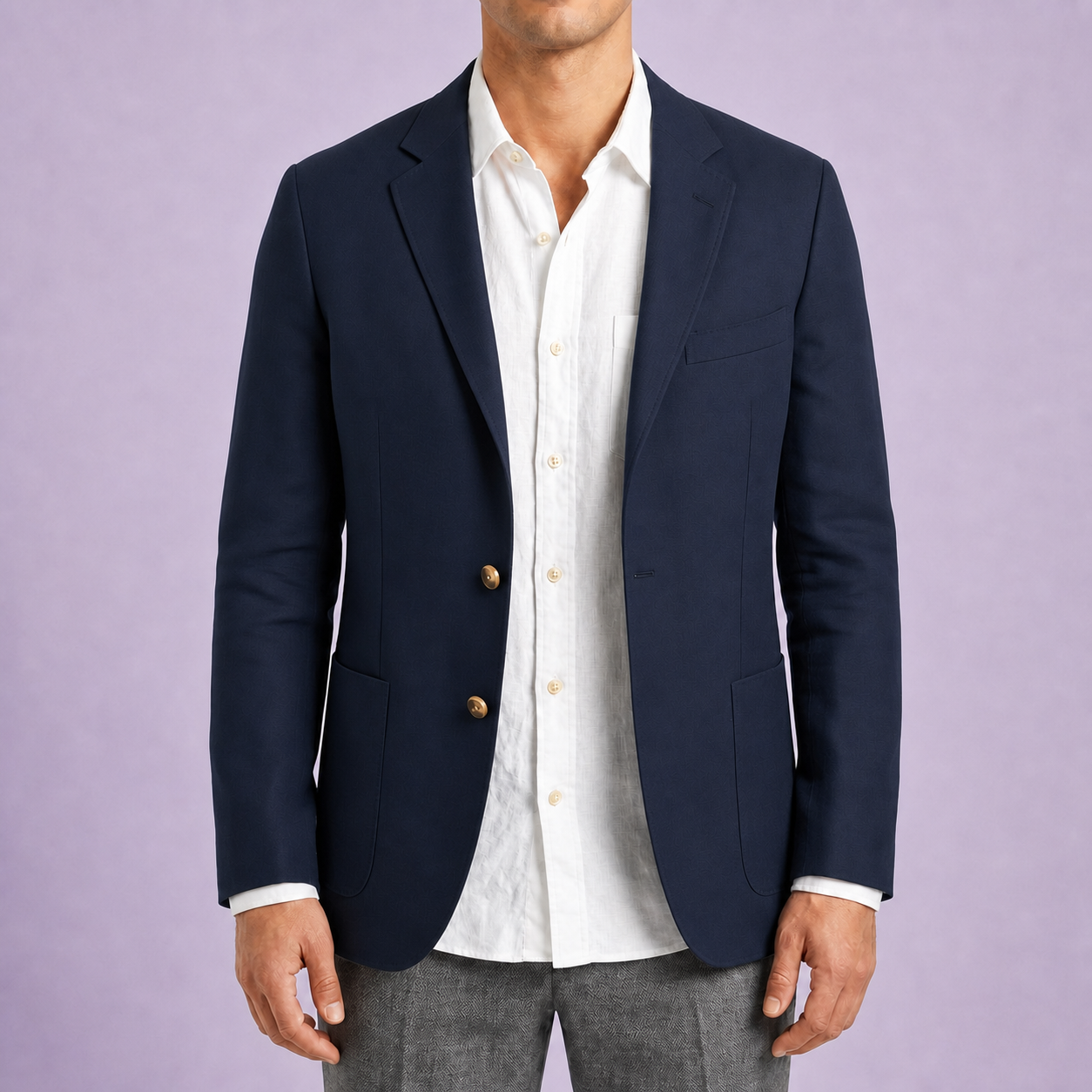 Navy two-button blazer, front view