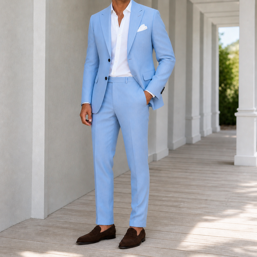 Sky blue two piece suit with notch lapels and matching pants, worn with a white shirt.