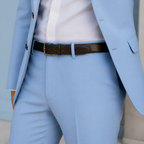 CLOSE-UP of sky blue suit waist and trousers