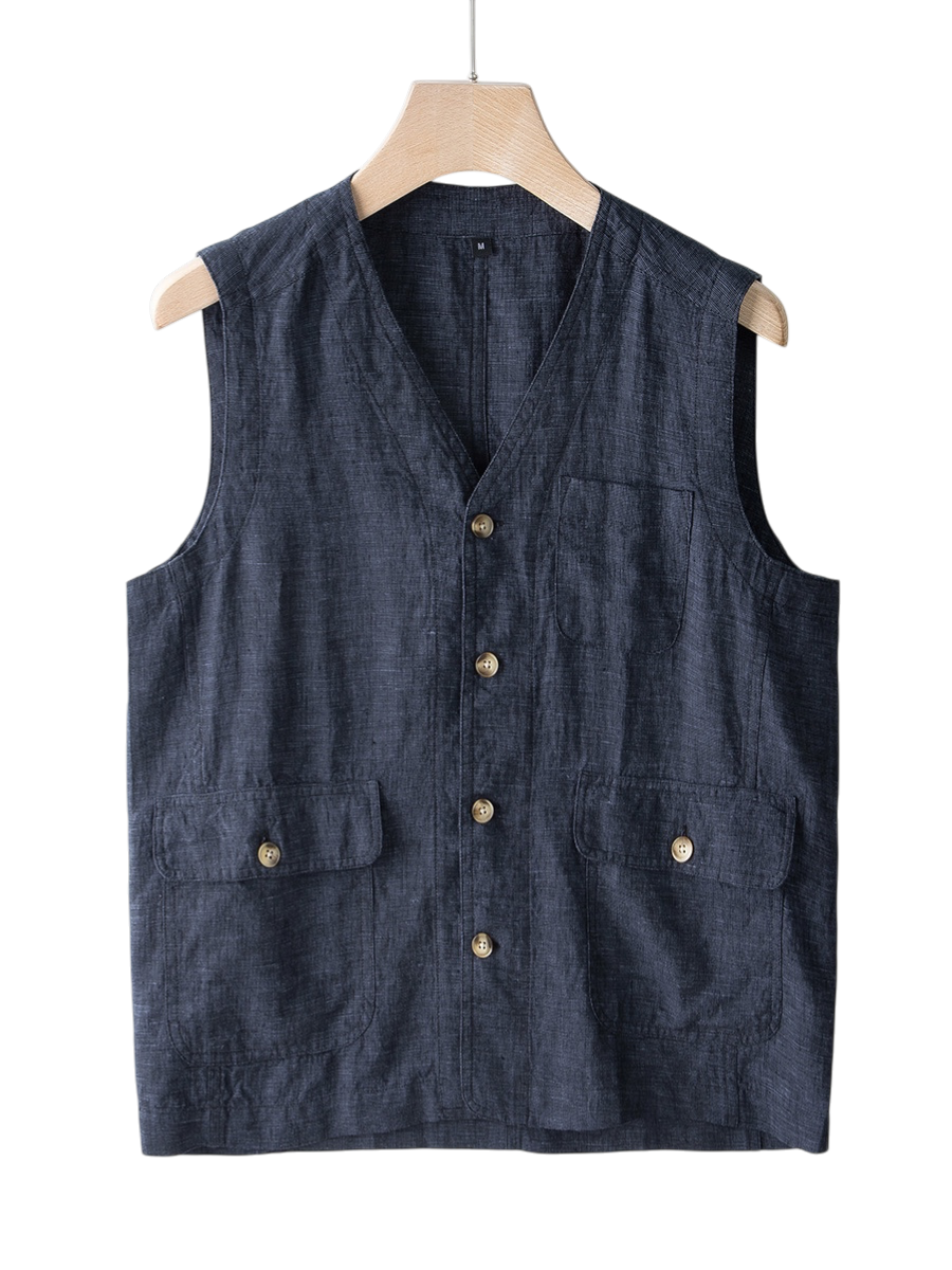 Men's Linen Vest | Indigo Button Front Layer - image 1