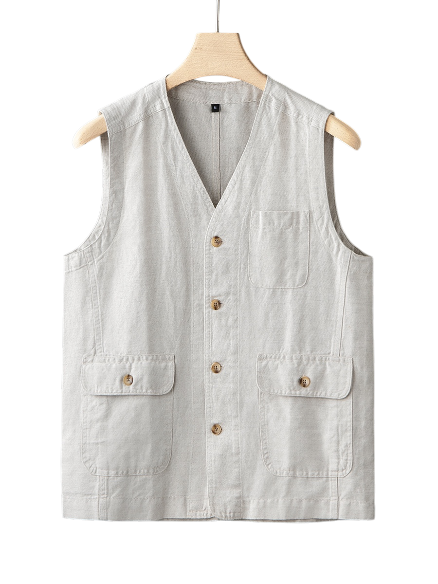 Men's Linen Vest | Indigo Button Front Layer - image 2