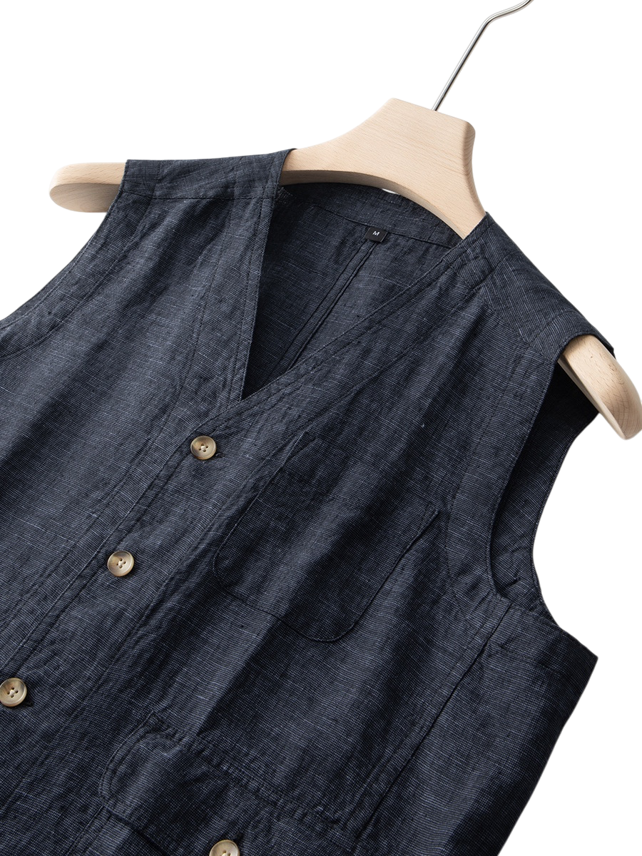 Men's Linen Vest | Indigo Button Front Layer - image 4