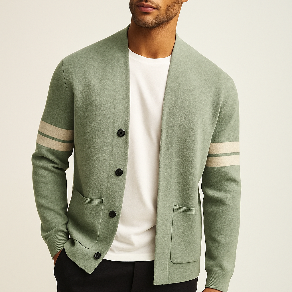Men's Merino Blend Cardigan | Striped Sleeve Knit - image 1