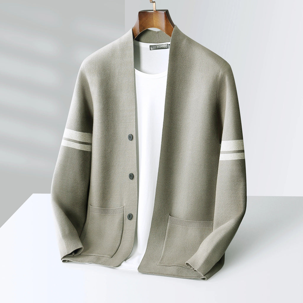 Men's Merino Blend Cardigan | Striped Sleeve Knit - image 11