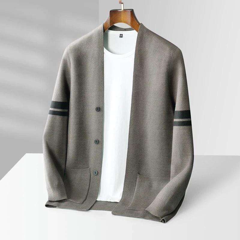 Men's Merino Blend Cardigan | Striped Sleeve Knit - image 5