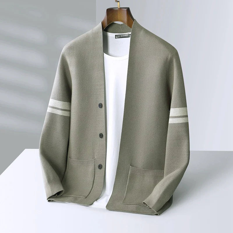 Men's Merino Blend Cardigan | Striped Sleeve Knit - image 6