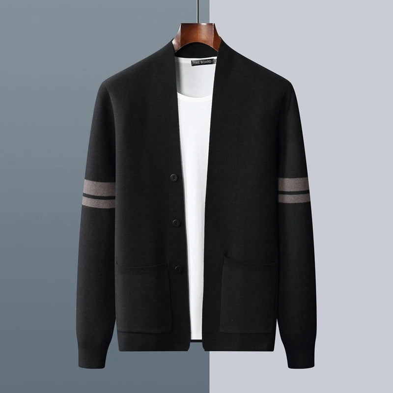 Men's Merino Blend Cardigan | Striped Sleeve Knit - image 8