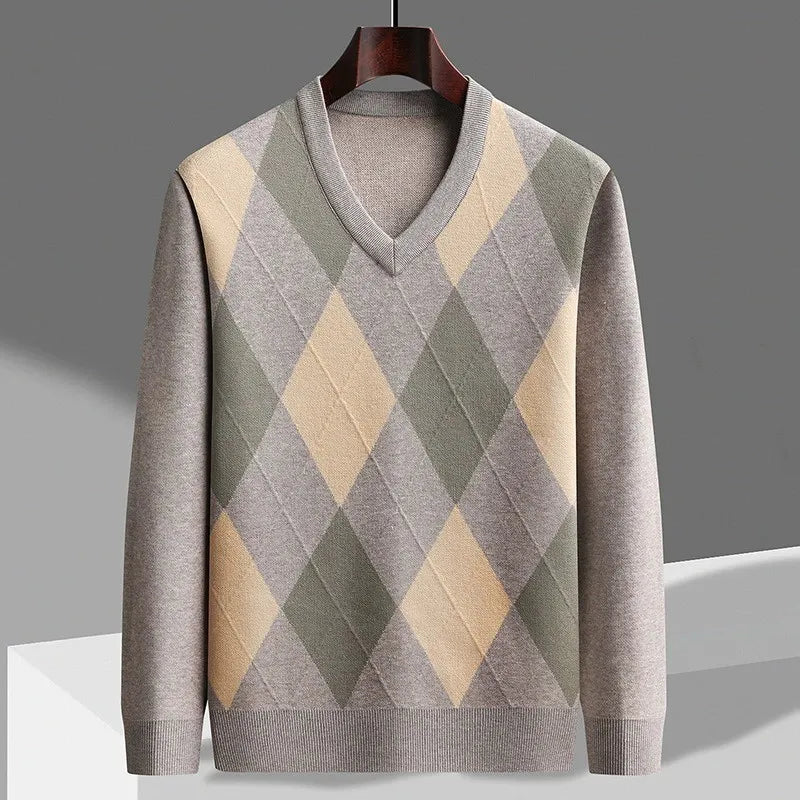 Men's Merino V Neck Sweater | Classic Argyle Lightweight Knit - image 2