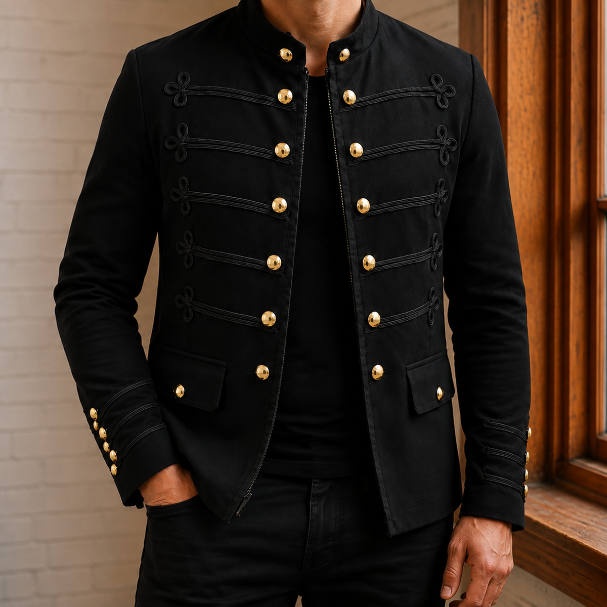 Military Jacket in Black showing the gold-tone buttons and stand collar